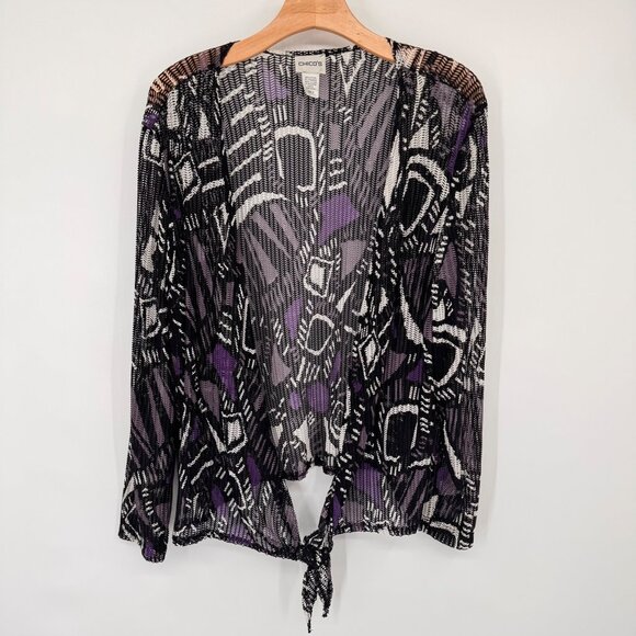 Chicos 2 Black Purple Tie-Front mesh Cardigan jacket Size large Geometric - Picture 3 of 10